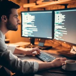 Focused developer coding on computer monitors working late in office